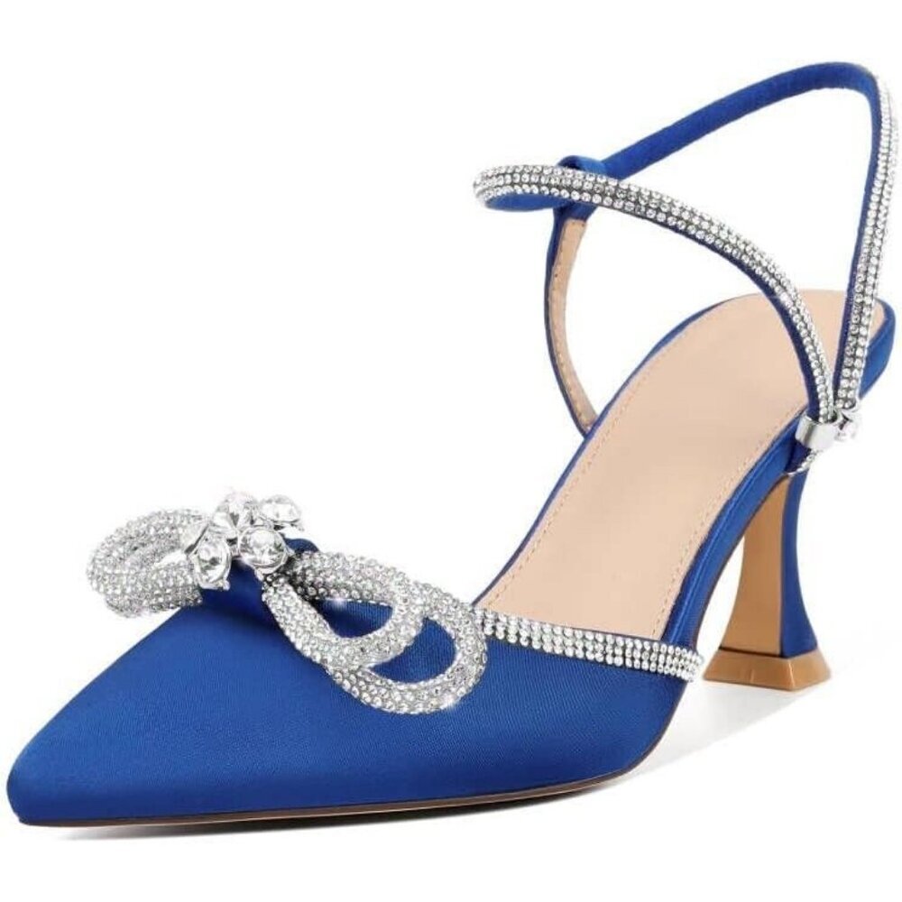 Women's Rhinstone Dark Blue Adjustable Strap Bow Closed Toe Pumps Heeled Shoes